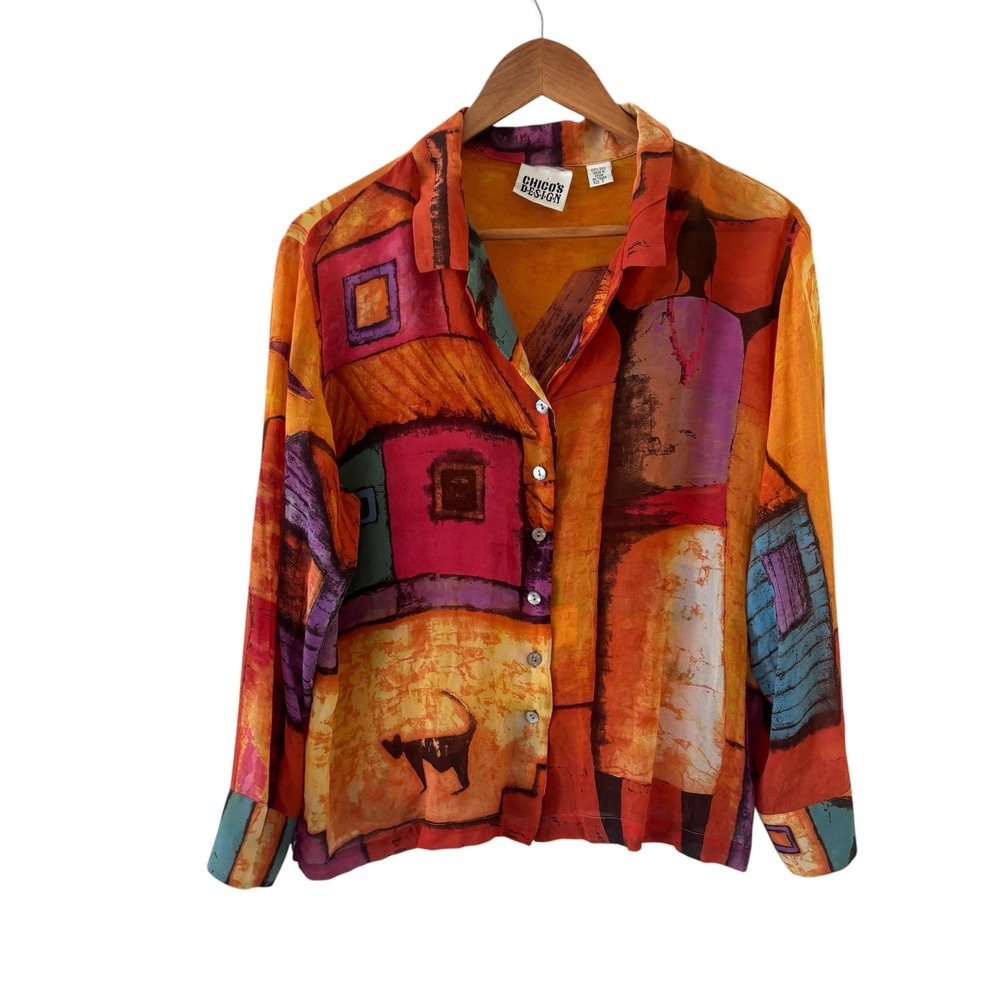 Chicos Design Y2K Silk Button Up Shirt Womens 2/L Multicolor Art To Wear City‎